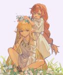  2girls :/ anklet blonde_hair brown_eyes child elf flamme_(sousou_no_frieren) flower_wreath grass green_eyes highres indian_style jewelry kurattes long_hair multiple_girls necklace open_mouth pointy_ears red_hair robe serie_(sousou_no_frieren) sitting smile sousou_no_frieren standing very_long_hair white_robe 