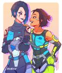  2girls apex_legends artist_name black_bodysuit black_eyeshadow black_gloves black_hair blue_eyeliner blue_hair blue_shirt bodysuit brown_hair catalyst_(apex_legends) clothing_cutout conduit_(apex_legends) crossed_arms dark-skinned_female dark_skin earrings english_commentary eye_contact eyebrow_piercing eyeliner eyeshadow freckles gloves grey_pants hair_behind_ear hand_on_another&#039;s_shoulder highres jewelry leaning_to_the_side looking_at_another makeup multicolored_hair multiple_girls pants piercing shirt short_hair shoulder_cutout smile streaked_hair thekittlekat yellow_nails 