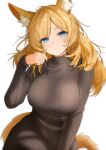 1girl animal_ear_fluff animal_ears arknights black_skirt blonde_hair blue_eyes breasts bright_pupils commentary_request grey_sweater hand_up highres horse_ears horse_girl horse_tail large_breasts long_hair long_sleeves looking_at_viewer parted_bangs ribbed_sweater simple_background skirt solo sora_mame_(princess_0sora) sweater tail whislash_(arknights) white_background white_pupils 