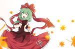  1girl arm_ribbon bow frilled_ribbon frilled_skirt frills front_ponytail green_eyes green_hair hair_bow hair_ribbon highres himuhino kagiyama_hina leaf lifted_by_self maple_leaf one_eye_closed open_mouth puffy_short_sleeves puffy_sleeves red_bow red_ribbon ribbon short_sleeves skirt smile teeth touhou upper_teeth_only white_background 