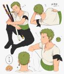  ... 2boys annoyed armband black_armband black_pants blonde_hair boots chibi commentary curly_eyebrows earrings expressionless from_behind from_side green_hair hair_over_one_eye haramaki highres holding holding_sword holding_weapon iqracha jewelry knee_up leaning_to_the_side male_focus marimo_zoro multiple_boys multiple_swords one_piece pants roronoa_zoro sanji_(one_piece) shirt short_hair short_sleeves simple_background single_earring sitting sleeping sword translated v-shaped_eyebrows weapon white_background white_shirt zzz 