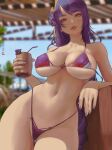  1girl bangs bikini blue_nails blurry blurry_background braid braided_ponytail breasts commentary cup english_commentary fingernails genshin_impact holding holding_cup ignite_(artist) large_breasts lips long_hair looking_at_viewer nail_polish outdoors parted_bangs parted_lips patreon_username purple_bikini purple_eyes purple_hair raiden_shogun solo swimsuit very_long_hair 
