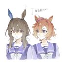  2girls admire_vega_(umamusume) animal_ears brown_eyes brown_hair collarbone comparison ear_covers ear_ornament ear_piercing gaii highres horse_ears horse_girl low_ponytail multiple_girls orange_hair piercing purple_eyes purple_shirt school_uniform shirt side-by-side single_ear_cover t.m._opera_o_(umamusume) tracen_school_uniform umamusume umamusume:_road_to_the_top upper_body white_background 