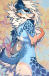  2022 angiewolf anthro blep blue_body blurred_background breasts butt canid canine canis cleavage clothed clothing domestic_dog female floppy_ears mammal plant solo tongue tongue_out tree 