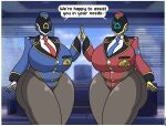 aida_(thebunnypie) android big_breasts blue_clothing blue_hat blue_headwear breasts clothing curvy_figure duo female hat headgear headwear hourglass_figure huge_breasts humanoid machine red_clothing red_hat red_headwear robot screen screen_face speech_bubble thebunnypie wide_hips