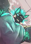 anthro armpit_hair artist_name big_pecs bodily_fluids body_hair bone_in_mouth breath cerberus_(fortnite) clothing english_text epic_games fortnite glowing glowing_body green_body hi_res low-angle_view male muscular muscular_anthro muscular_male nipple_piercing nipples overcyan pecs piercing shirt solo sweat sweatdrop tank_top text topwear