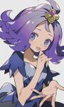  1girl acerola_(pokemon) commentary dress flipped_hair hair_ornament highres kawasaki_(kwsk_8765) looking_at_viewer medium_hair multicolored_clothes multicolored_dress open_mouth pokemon pokemon_sm purple_eyes purple_hair short_sleeves simple_background smile solo topknot twitter_username 