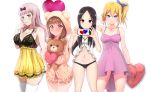  4girls absurdres alternate_costume animal_ears babydoll bare_arms bare_shoulders bear_ears black_bow black_hair black_panties blonde_hair blue_eyes blue_ribbon blunt_bangs blush bow box_wonderland breasts brown_hair brown_hoodie brown_shorts cleavage collaboration collarbone dress fake_animal_ears feet_out_of_frame frilled_pillow frilled_shorts frills fujiwara_chika grey_background hair_between_eyes hair_bow hair_ribbon hands_up hayasaka_ai heart heart-shaped_pillow highres holding holding_phone holding_pillow holding_stuffed_toy hood hood_up hoodie hugging_object iino_miko kaguya-sama_wa_kokurasetai_~tensai-tachi_no_renai_zunousen~ large_breasts linatai long_hair looking_at_viewer medium_breasts multiple_girls navel panties parted_bangs phone pillow pink_dress pink_hair red_eyes ribbon roswell_ss shinomiya_kaguya shorts simple_background stuffed_animal stuffed_toy teddy_bear thighhighs underwear unsfrau white_thighhighs zettai_ryouiki 