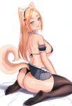  1girl absurdres animal_ears apron aqua_eyes ass back barbell_piercing bare_shoulders bikini bikini_top_only black_bikini black_legwear black_panties black_skirt blonde_hair clothes_lift detached_sleeves dog_ears dog_girl dog_tail ear_piercing extra_ears feet fran_(gudanco_(nyanmeowzer)) from_behind gudanco_(nyanmeowzer) halterneck highres lifted_by_self lips long_hair looking_at_viewer looking_back maid_apron maid_headdress miniskirt multiple_piercings no_shoes original panties parted_lips piercing pleated_skirt puffy_short_sleeves puffy_sleeves short_sleeves sitting skirt skirt_lift smile soles solo swimsuit tail thick_eyebrows thick_thighs thighhighs thighs thong underwear wariza white_apron white_background 