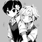  2boys antenna_hair arms_at_sides basil_(faraway)_(omori) basil_(omori) blush closed_mouth collared_shirt expressionless fjsk flower grey_background greyscale hair_between_eyes hair_flower hair_ornament hug hug_from_behind looking_ahead looking_at_another monochrome multiple_boys no_pupils omori outline shirt short_hair short_sleeves smile sunny_(omori) sweatdrop sweater_vest 