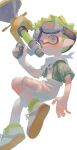  1boy ankle_socks commentary_request goggles goggles_on_head green_eyes green_hair green_shirt green_socks grin highres holding holding_weapon inkling inkling_boy inkling_player_character male_focus orange_eyes overalls pointy_ears scarf shirt short_hair short_sleeves shorts smile socks solo spiked_hair splatoon_(series) splatoon_3 sploosh-o-matic_(splatoon) suspenders teeth tiripow two-tone_eyes weapon white_background white_overalls white_scarf 