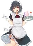  1girl :d apron artificial_vagina bangs black_dress black_hair blunt_bangs blush dildo dress eyebrows_visible_through_hair feet_out_of_frame frilled_apron frilled_dress frills gloves highres holding holding_tray leg_garter leg_up maid maid_headdress nagami_yuu neck_ribbon open_mouth original puffy_short_sleeves puffy_sleeves red_eyes red_ribbon ribbon sex_toy short_hair short_sleeves simple_background smile solo standing standing_on_one_leg tray white_apron white_background white_gloves 