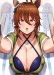  1girl absurdres agnes_tachyon_(lunatic_lab)_(umamusume) agnes_tachyon_(umamusume) ahoge animal_ears bikini black_bikini black_gloves breasts brown_hair cleavage commentary_request criss-cross_halter empty_eyes gloves green_jacket hair_between_eyes halterneck heart highres horse_ears jacket looking_at_viewer medium_breasts medium_hair megao_3rd open_mouth pov red_eyes simple_background smile solo speech_bubble swimsuit tied_jacket translation_request umamusume upper_body white_background 
