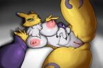 anthro bandai_namco big_breasts black_sclera blue_eyes breasts canid canine digimon digimon_(species) female fur genitals hi_res mammal neck_tuft nipple_piercing nipplepiercing_(artist) nipples nude piercing pussy renamon simple_background solo tuft white_body white_fur yellow_body yellow_fur