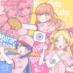  6+girls :d ;d aqua_eyes baseball_bat baseball_cap baseball_jersey baseball_mitt blonde_hair blue_eyes blue_hair blush character_name closed_mouth collarbone crossed_bangs dark_blue_hair fang flag flower fujishima_megumi hair_flower hair_ornament hair_over_shoulder hat highres hinoshita_kaho holding holding_baseball_bat holding_flag index_finger_raised link!_like!_love_live! logo long_hair looking_at_viewer love_live! low_twintails medium_hair motion_blur multiple_girls murano_sayaka one_eye_closed open_mouth orange_hair osawa_rurino otomune_kozue parted_bangs partially_colored pink_headwear pink_shirt rabbit_hair_ornament shirt sidelocks skin_fang smile tommy_(totototommy_t0m) twintails upper_body v v-shaped_eyebrows yugiri_tsuzuri 