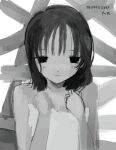  1girl blush closed_mouth empty_eyes greyscale looking_at_viewer medium_hair monochrome noroi_(rnatataki) original solo towel translation_request upper_body 