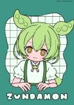 1girl :3 blush_stickers brown_eyes character_name closed_mouth commentary dated green_background green_hair hair_between_eyes head_tilt highres long_hair looking_at_viewer neki_(wakiko) puffy_short_sleeves puffy_sleeves shirt short_sleeves solo suspenders twitter_username upper_body v-shaped_eyebrows voicevox white_shirt zundamon 