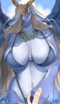 absurd_res anthro big_breasts bikini blonde_hair blush breasts clothing dragon duel_monster female hair hi_res horn konami mythological_creature mythological_scalie mythology passionpit777 saffira_queen_of_dragons scalie solo swimwear water wings yu-gi-oh!