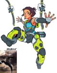  1girl apex_legends artist_name black_gloves blue_shirt brown_eyes brown_hair conduit_(apex_legends) elbow_gloves electricity english_commentary fingerless_gloves frown gloves grey_pantyhose hair_behind_ear highres jumping mechanical_legs open_hands pantyhose photo-referenced photo_inset real_life shirt simple_background solo thekittlekat tobey_maguire white_background 