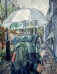  1other bottle building coat from_behind green_coat highres holding holding_umbrella hood jacket long_sleeves oil_painting_(medium) original outdoors painting_(medium) rain road s_gurico solo street traditional_media transparent transparent_umbrella tree umbrella 