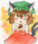  1girl :3 :d acorn animal_ear_fluff animal_ears arms_up blush bow bowtie brown_hair cat_ears cat_tail chen chibi closed_eyes commentary_request foreshortening frills green_headwear happy hat highres holding_acorn long_sleeves mob_cap multiple_tails nekomata open_mouth pppppks red_skirt red_vest short_hair simple_background skirt skirt_set smile solo tail touhou traditional_media two_tails vest white_bow white_bowtie 