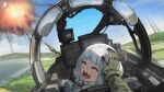  1girl bangs blue_hair blunt_bangs blush closed_eyes cockpit english_commentary explosion f-15_eagle gawr_gura gloves headpat highres hololive hololive_english looking_at_viewer looking_back missile multicolored_hair open_mouth paintrfiend project_wingman sharp_teeth smile streaked_hair teeth virtual_youtuber white_hair 