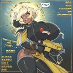  1girl adepta_sororitas armor black_gauntlets black_thighhighs blonde_hair blue_eyes bolt_pistol bolter boobplate breasts candle charm_(object) crossover dark-skinned_female dark_skin english_commentary english_text fang finger_on_trigger gauntlets gun halo helldiver_(helldivers) helldivers_(series) highres holding holding_gun holding_weapon huge_breasts milestone_celebration narrow_waist pelvic_curtain purity_seal ringed_eyes short_hair shoulder_armor solo speech_bubble teeth thank_you the_varking thighhighs warhammer_40k weapon 