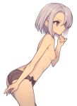  1girl ass black_panties braid breasts closed_mouth commentary_request everyntrge french_braid from_side grey_hair hand_up nipples original panties purple_eyes short_hair side-tie_panties simple_background small_breasts solo topless underwear white_background 