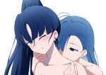  2girls ado_(utaite) bare_shoulders biting_shoulder blue_eyes breasts cleavage closed_mouth collarbone commentary_request hair_over_one_eye highres long_hair merry_(ado) multiple_girls naima_(ado) nori_(norinori_yrl) nude one_eye_closed ponytail readymade_(ado) simple_background sweat upper_body usseewa white_background yuri 