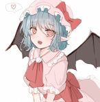  1girl :d bat_wings blue_hair blush bow bowtie dress hat heart highres looking_at_viewer mob_cap one-hour_drawing_challenge open_mouth pink_dress pink_eyes pointy_ears remilia_scarlet sharp_teeth smile speech_bubble sssoomm112 teeth touhou vampire wings 