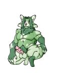 alpha_channel anthro aspen_blackthorn balls bodily_fluids canid canine crouching erection fur genital_fluids genitals green_body green_fur green_hair hair hi_res kneeling male mammal neutral_expression nude pecs penis pink_penis precum shaded simple_background solo transparent_background vanilla_whiskers