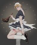  1boy alternate_costume america_(hetalia) apron axis_powers_hetalia black_background choker crossdressing dress earrings enmaided feather_duster frilled_apron frilled_choker frilled_dress frills glasses highres huacai jewelry maid maid_headdress male_focus puffy_short_sleeves puffy_sleeves removing_shoes short_sleeves solo waist_apron white_apron wrist_cuffs 