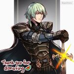  1boy armor artist_name belt byleth_(fire_emblem) byleth_(male)_(fire_emblem) cape closed_mouth commentary commission english_commentary enlightened_byleth_(male) fire_emblem fire_emblem:_three_houses fire_emblem_cipher gauntlets glint gradient_background green_eyes green_hair grey_background gzei hair_between_eyes highres holding holding_sword holding_weapon male_focus medium_hair pillarboxed shoulder_armor simple_background solo sword thank_you weapon 