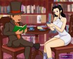  1boy 1girl book breasts cup curvy dress hat hershel_layton highres holding holding_cup large_breasts metalytar nico_robin one_piece professor_layton sitting sunglasses top_hat white_dress 