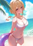  1girl absurdres alternate_costume beach bikini blonde_hair blue_sky blurry blurry_foreground breasts cleavage closed_mouth commentary_request feather_hair_ornament feathers genshin_impact hair_between_eyes hair_ornament highres holding holding_swim_ring looking_at_viewer lumine_(genshin_impact) medium_breasts navel ocean outdoors palm_leaf purple_innertube raramente short_hair_with_long_locks sky swim_ring swimsuit thigh_gap white_bikini yellow_eyes 