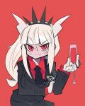  1girl alcohol arm_under_breasts black_tail breasts crown cup cxdotchison demon_girl demon_horns drink drinking_glass glass helltaker highres horns jacket lucifer_(helltaker) necktie red_background red_eyes red_shirt red_wine shirt solo tail thighs upper_body white_hair white_horns wine wine_glass 