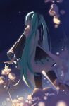  1girl absurdres aqua_eyes aqua_hair black_skirt black_sleeves black_thighhighs blurry blurry_foreground commentary_request detached_sleeves dutch_angle flower frilled_shirt frills from_behind hair_between_eyes hatsune_miku head_back highres layered_skirt long_hair looking_back miniskirt night night_sky number_tattoo outdoors outstretched_arm parted_lips pleated_skirt shirt shoulder_tattoo signature skirt sky solo standing star_(sky) tattoo thighhighs twintails user_dmn7126 very_long_hair vocaloid white_flower white_shirt wide_sleeves zettai_ryouiki 