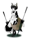  1boy animal_ears apron bags_under_eyes black_dress black_footwear black_pantyhose closed_mouth dress e.g.o_(project_moon) fox_ears fox_tail full_body highres juliet_sleeves limbus_company long_sleeves looking_at_viewer maid_headdress n.i pantyhose project_moon puffy_sleeves shoes simple_background solo tail umbrella white_apron white_background yi_sang_(project_moon) 