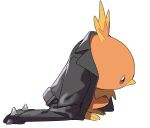  bird black_jacket borrowed_clothes cccwanko115 chick from_side full_body jacket long_sleeves looking_ahead no_humans pokemon pokemon_(creature) sad simple_background solo spikes standing torchic white_background 