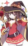  1girl belt black_belt black_hat blush bright_pupils brown_hair clenched_teeth collarbone commentary_request fingerless_gloves gloves hat holding holding_staff ixy kono_subarashii_sekai_ni_shukufuku_wo! long_sleeves looking_at_viewer mage_staff megumin red_eyes red_shirt shirt short_hair_with_long_locks simple_background smile solo staff teeth white_background white_pupils witch_hat 