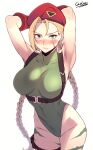  1girl absurdres armpits arms_behind_head artist_name beret blonde_hair blue_eyes blush braid breasts cammy_white carcass_(artist) closed_mouth commentary_request covered_navel green_leotard hat highres korean_commentary large_breasts leotard long_hair looking_at_viewer red_hat scar scar_on_cheek scar_on_face simple_background solo street_fighter thighs twin_braids very_long_hair white_background 