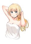  1girl absurdres betock blonde_hair blue_eyes breasts cleavage commentary_request cropped_torso highres long_hair medium_breasts naked_towel open_mouth original simple_background solo sweatdrop teeth towel tying_hair upper_body upper_teeth_only white_background 
