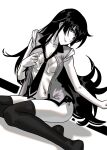  1girl bakemonogatari black_hair black_legwear black_necktie highres long_hair looking_at_viewer monochrome monogatari_(series) naoetsu_high_school_uniform necktie rapa_rachi school_uniform senjougahara_hitagi short_sleeves sitting thighhighs undressing 