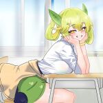  1girl bent_over black_skirt blush breast_rest breasts breasts_on_table chair collared_shirt dragon_girl dragon_horns dragon_wings duel_monster from_side green_eyes green_hair green_wings hands_on_own_face horns large_breasts looking_at_viewer low_wings miniskirt oldsickkim parlor_dragonmaid school_uniform shirt skirt smile table teeth twintails white_shirt window wings yu-gi-oh! 