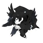  1boy barefoot black_coat black_hair black_pants black_wings closed_eyes coat coat_on_shoulders highres limbus_company long_sleeves lying male_focus multiple_wings n.i on_side pants parted_lips project_moon seraph shirt sleeping solo white_shirt wings yi_sang_(project_moon) 