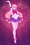  1990s_(style) 1girl alternate_costume bare_legs bishoujo_senshi_sailor_moon blonde_hair blush bow bowtie circlet closed_mouth cosplay dreamysuite elbow_gloves full_body gloves hair_bow hair_ribbon happy heart_pin high_heels highres leotard long_hair miniskirt multiple_hair_bows one_eye_closed pleated_skirt pumps purple_sailor_collar purple_skirt red_bow red_bowtie red_footwear red_ribbon retro_artstyle ribbon sailor_collar sailor_venus sailor_venus_(cosplay) sailor_venus_pose skirt smile standing touhou very_long_hair white_gloves white_leotard yakumo_yukari yellow_eyes 