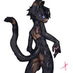 2022 absurd_res anthro black_hair blaedic blue_eyes butt butt_pose cheek_tuft cheetah claws cola_(cocacheetahcola) facial_tuft felid feline glistening glistening_body grey_spots hair hi_res looking_at_viewer looking_back male male_anthro mammal nude pawpads pink_pawpads portrait pose raised_tail short_hair simple_background smile solo spots standing tail three-quarter_portrait tuft white_background