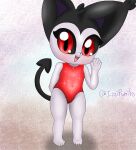 anthro black_body black_fur black_sclera clothing ear_tuft felid feline female flat_chested fur gesture happy hi_res humanoid izzipurrito looking_at_viewer mammal navel one-piece_swimsuit open_mouth painting_(artwork) paws red_clothing red_eyes red_swimwear simple_background smile solo spade_tail sparkles swimwear tail traditional_media_(artwork) tuft waving waving_at_viewer white_body