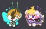  antennae blonde_hair chibi cloud don_quixote_(project_moon) dress e.g.o_(project_moon) fairy_wings flaw_eight green_dress horns lightning limbus_company one_eye_covered project_moon purple_eyes sheep_horns sinclair_(project_moon) wings yellow_eyes 