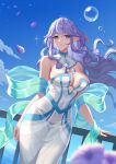  1girl bare_shoulders blue_sky blush breasts bubble character_request cloud commentary_request covered_navel cowboy_shot day dress du_mogu hair_between_eyes highres large_breasts long_hair looking_at_viewer maplestory petals pointy_ears purple_eyes purple_hair railing shawl sky solo standing strapless strapless_dress very_long_hair white_dress 